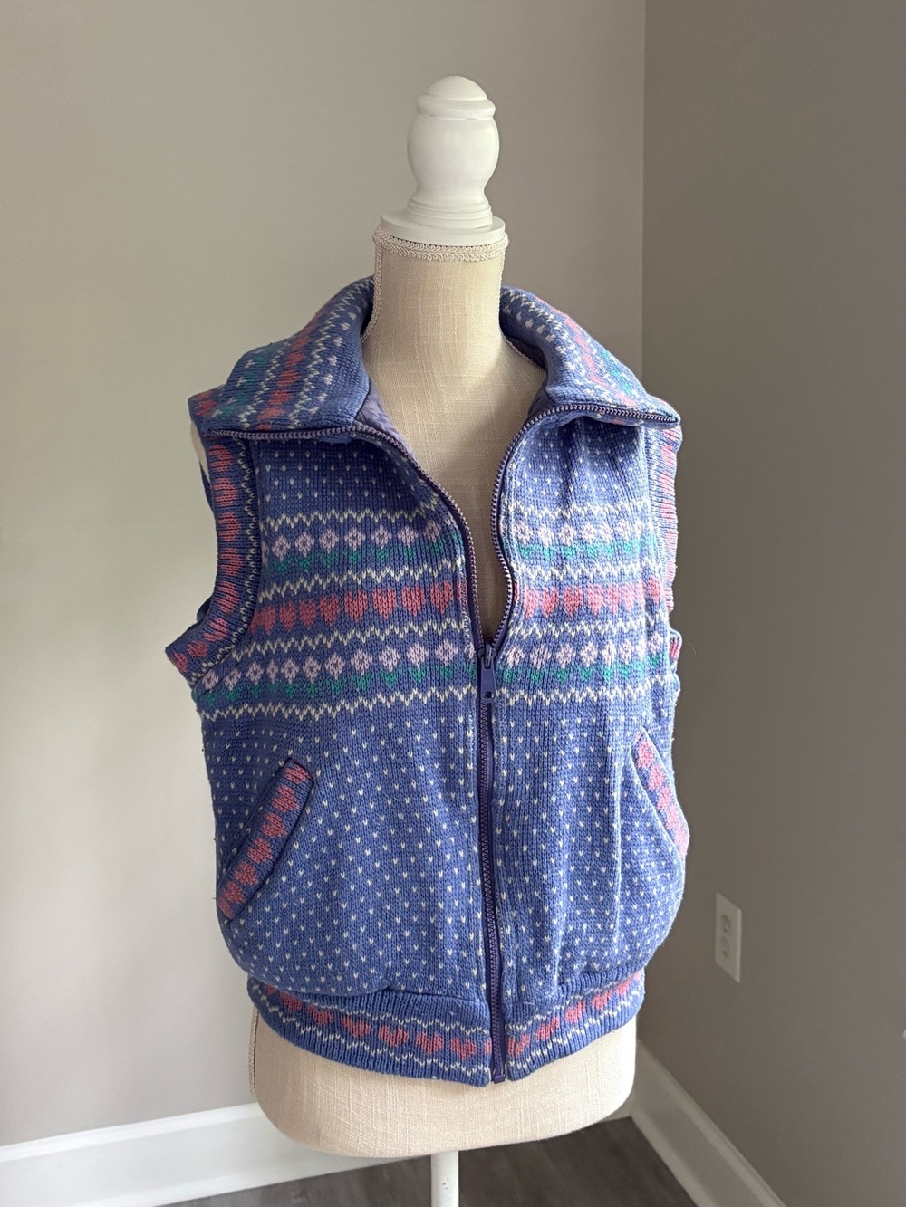Womens Quilted Knit Puffer Vest - Blue with Pink & Green Pattern